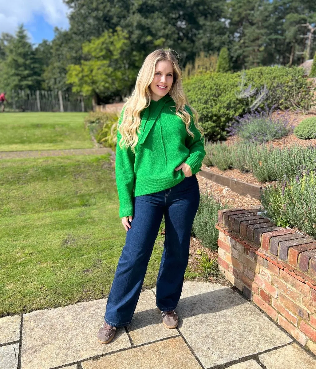 Green Relaxed Knitted Hooded Jumper Comfy Waistband Light Stretch Fit