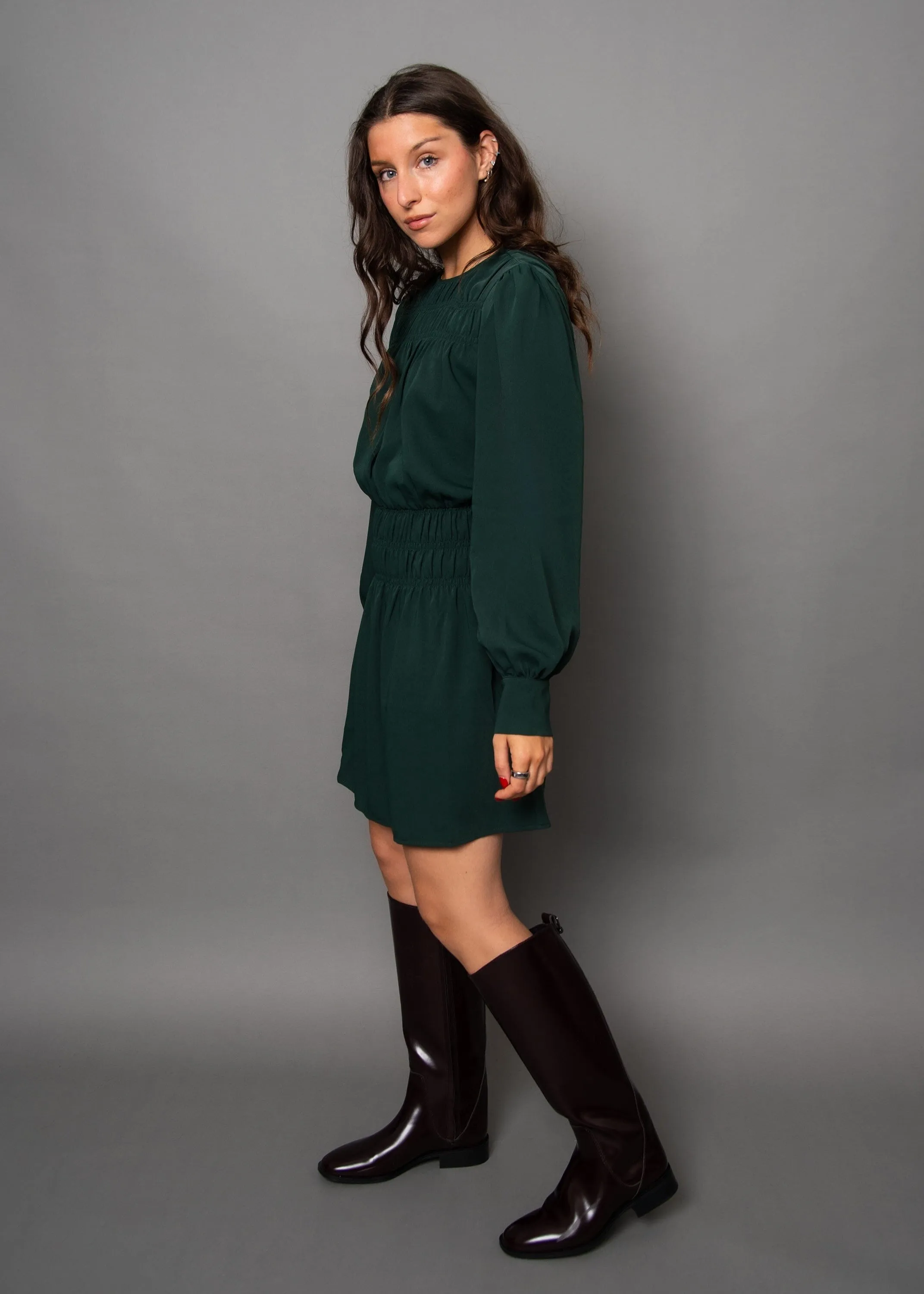 Elegant Touch Fit Focused GREEN SHIRRED MINI DRESS