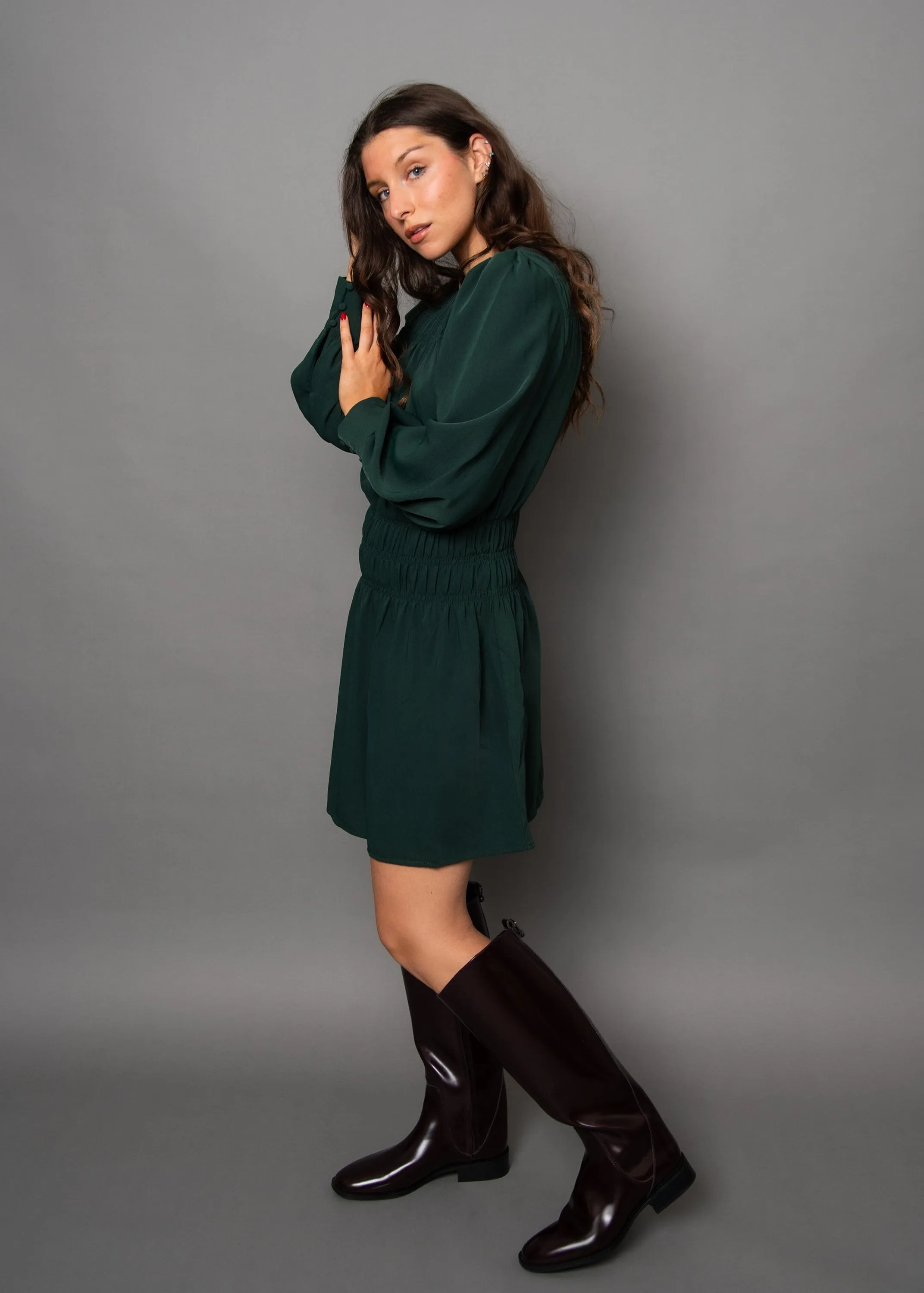 GREEN SHIRRED MINI DRESS Artistic Vibe