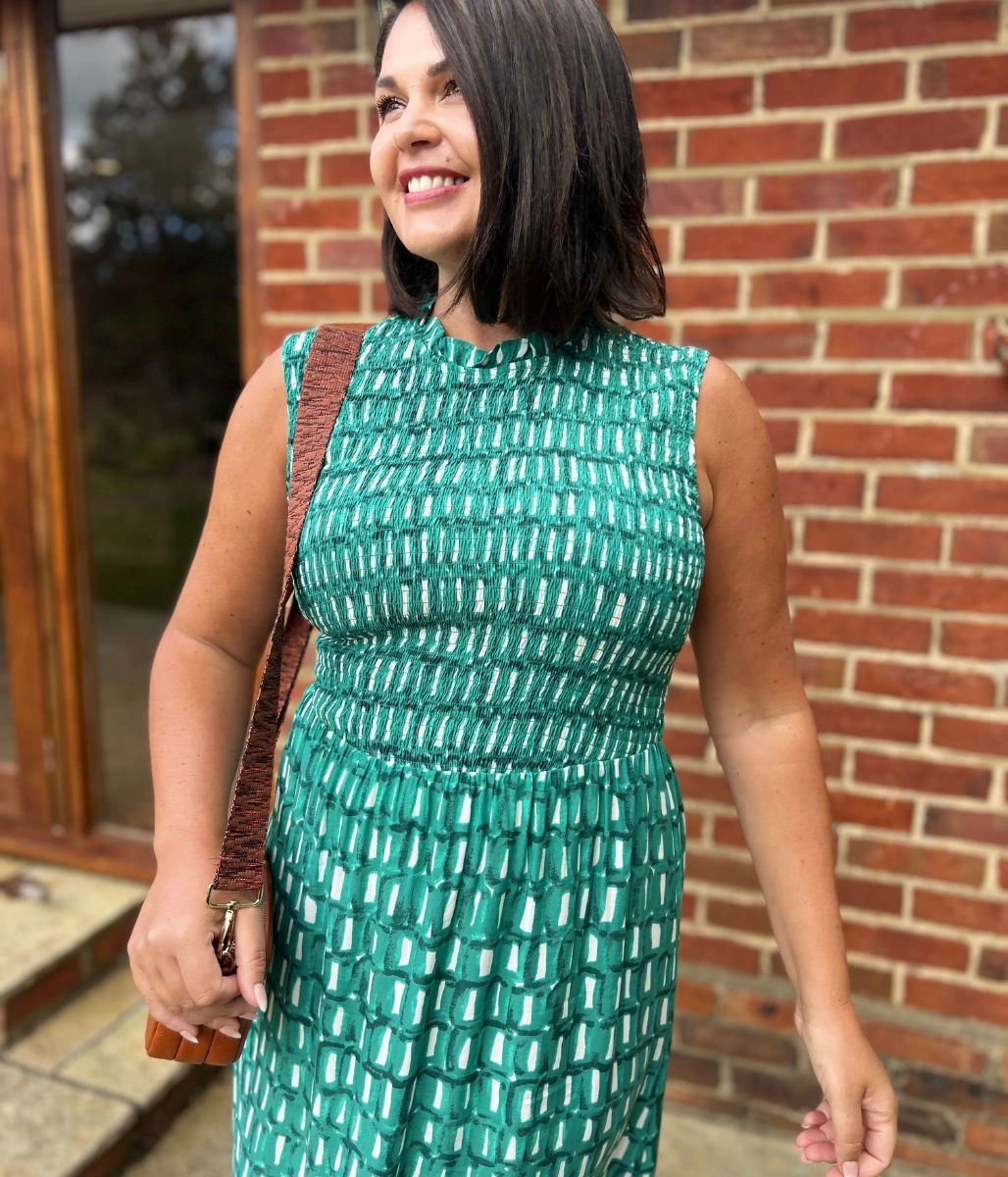 Match Quick Green Heidi Shirred Bodice Midi Dress