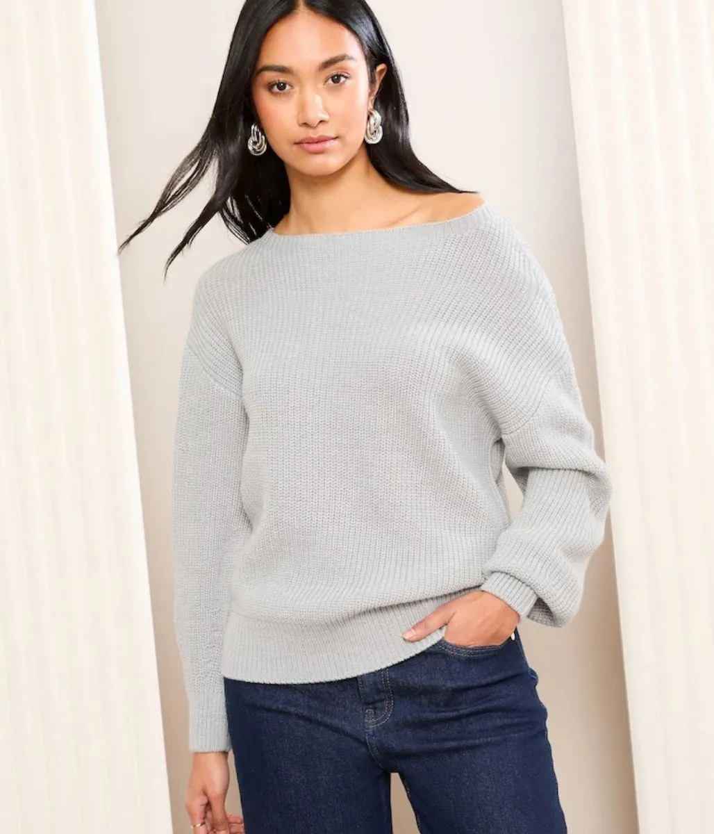 Grey Boat Neck Knitted Jumper Anti Pilling Finish
