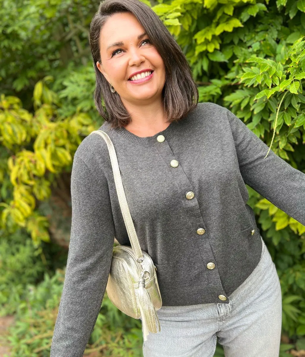 Grey Cardigan Sweater with Gold Buttons Eco Friendly Dye Process Low Maintenance Care