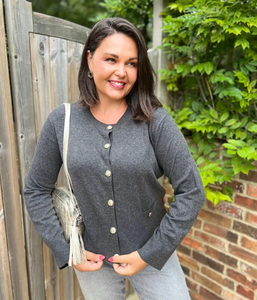 Grey Cardigan Sweater with Gold Buttons Layered Wear