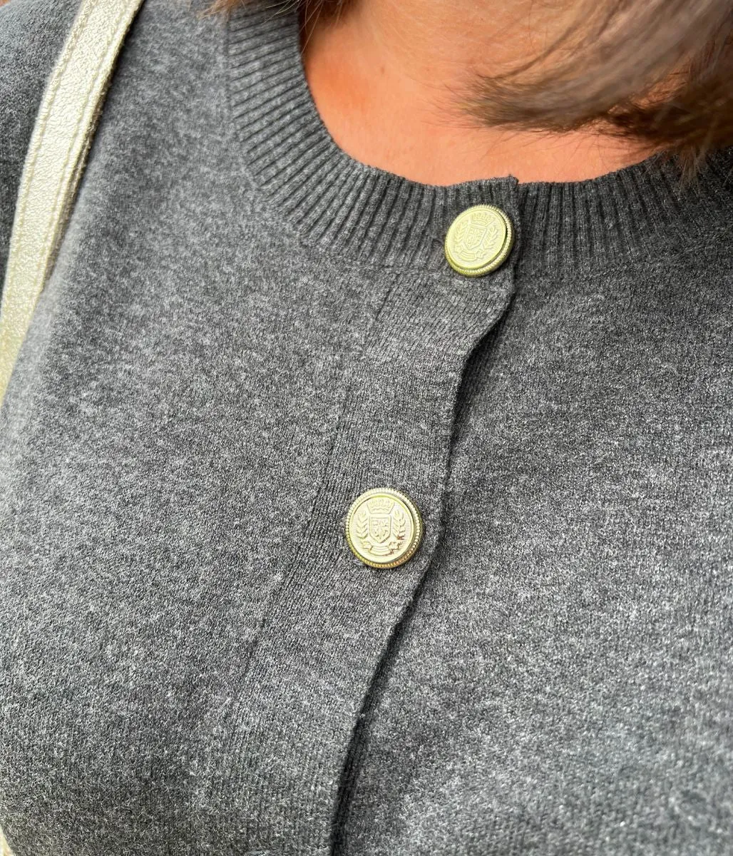 Roomy Pockets Ethical Production Knitwear Grey Cardigan Sweater with Gold Buttons