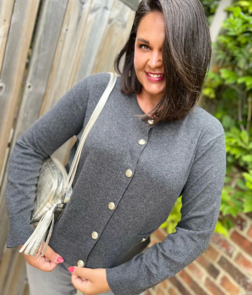Grey Cardigan Sweater with Gold Buttons Smart Wear Comfy Look