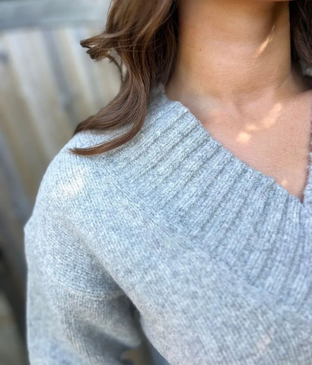 Grey V Neck Knitted Jumper Oversized Fit