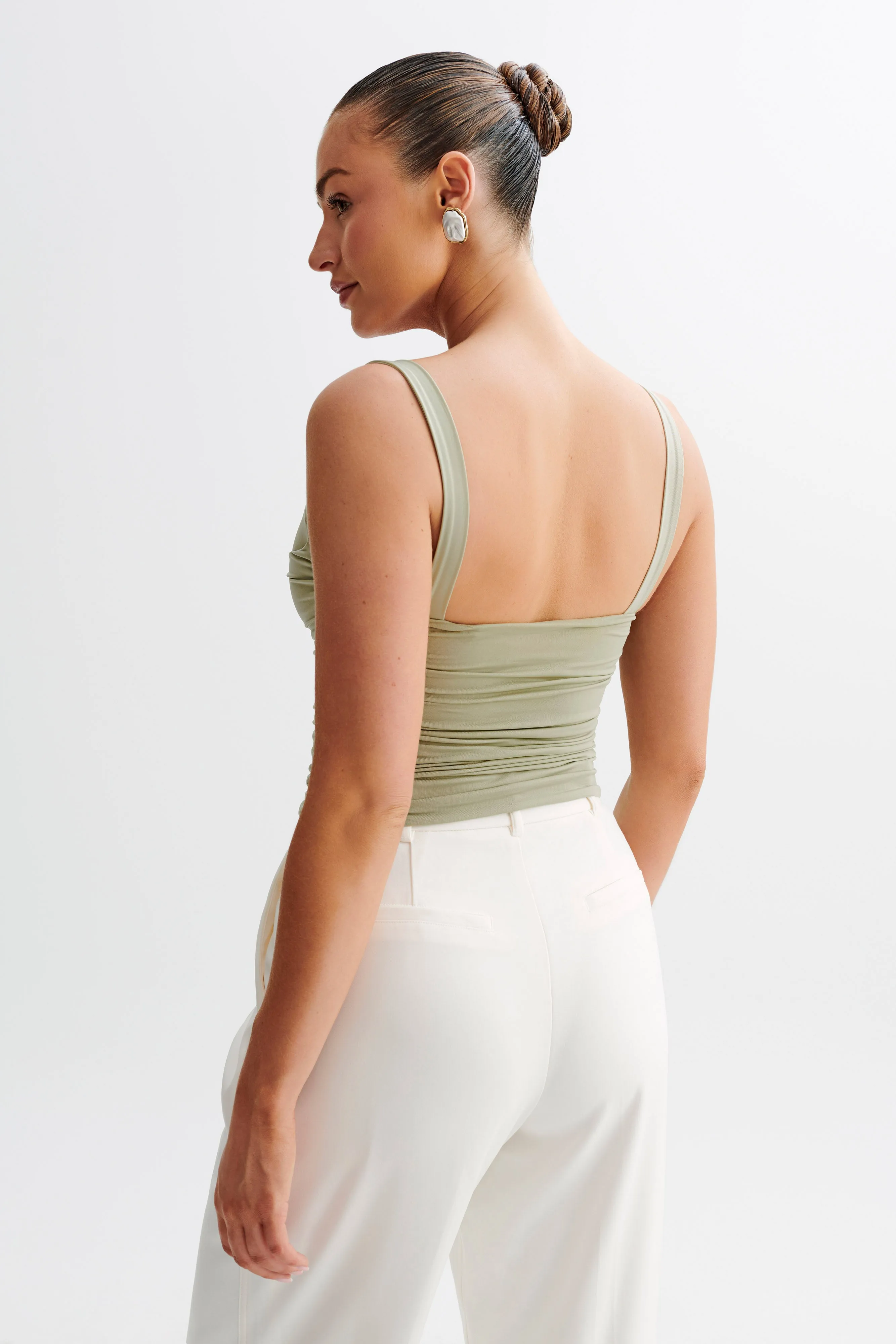 LongSleeve Hailey Slinky Long Line Sweetheart Top - Sage