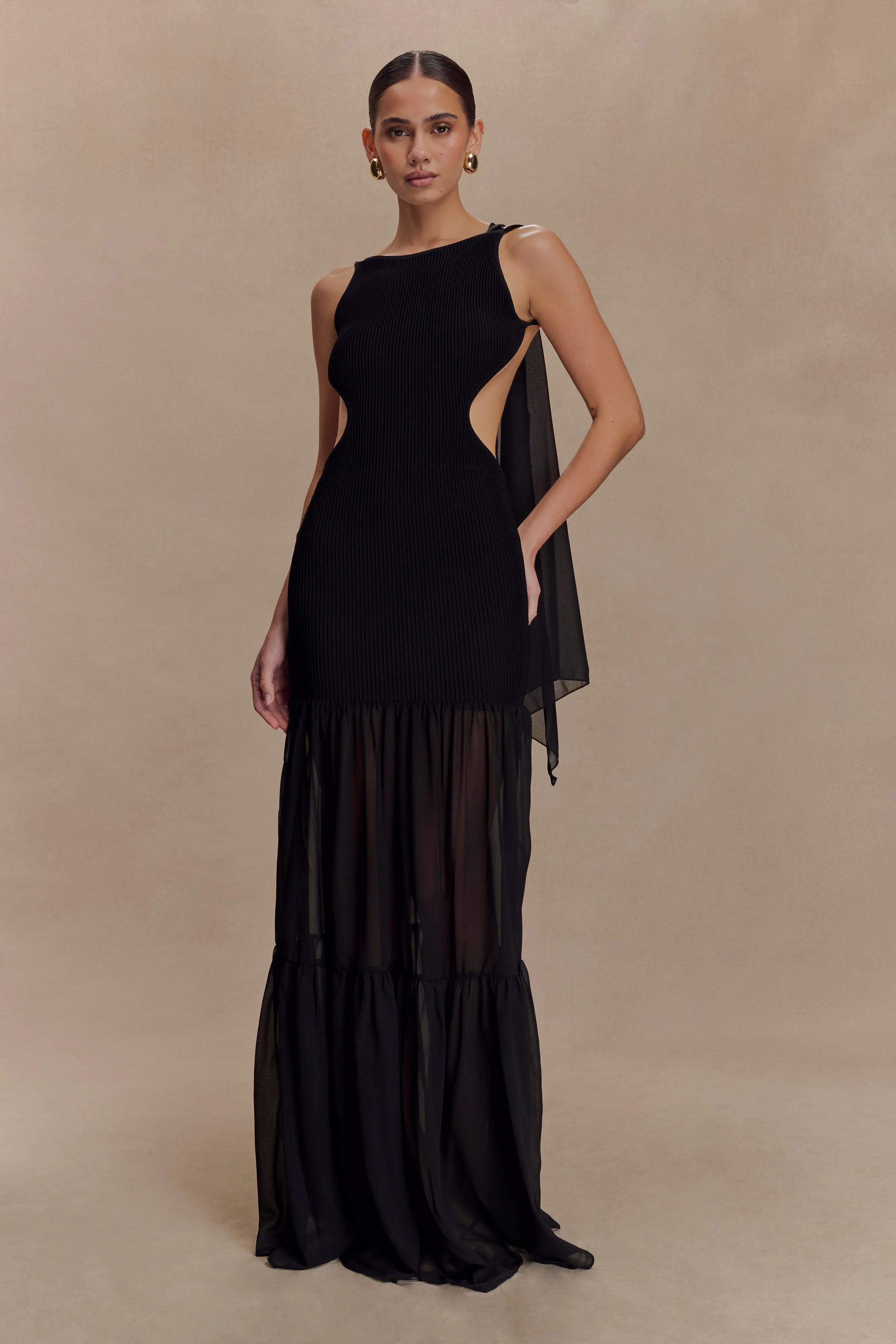 Haille Knit Chiffon Maxi Dress - Black Texture Edge Minimalist Layering