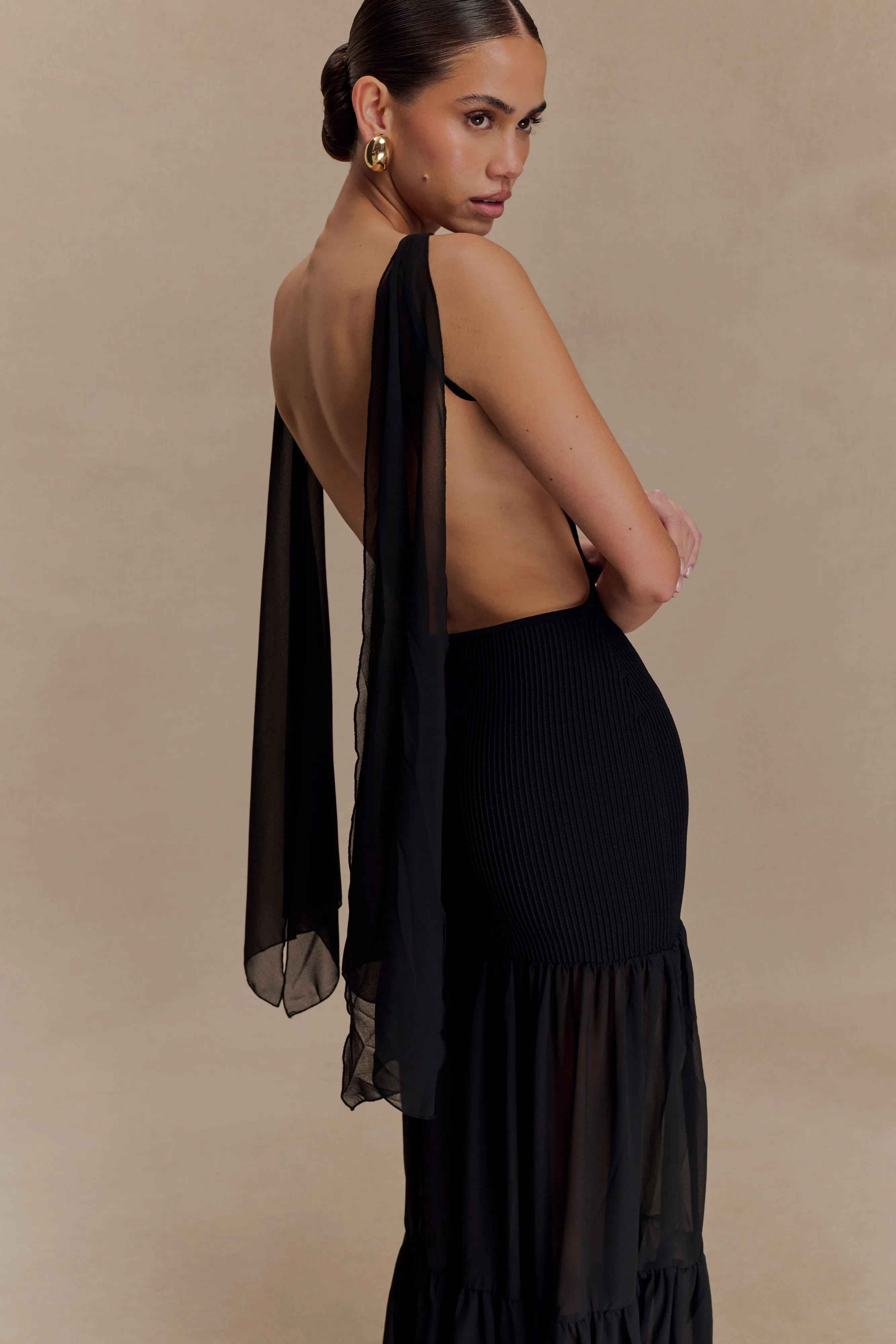 Haille Knit Chiffon Maxi Dress - Black Feminine full-length gown