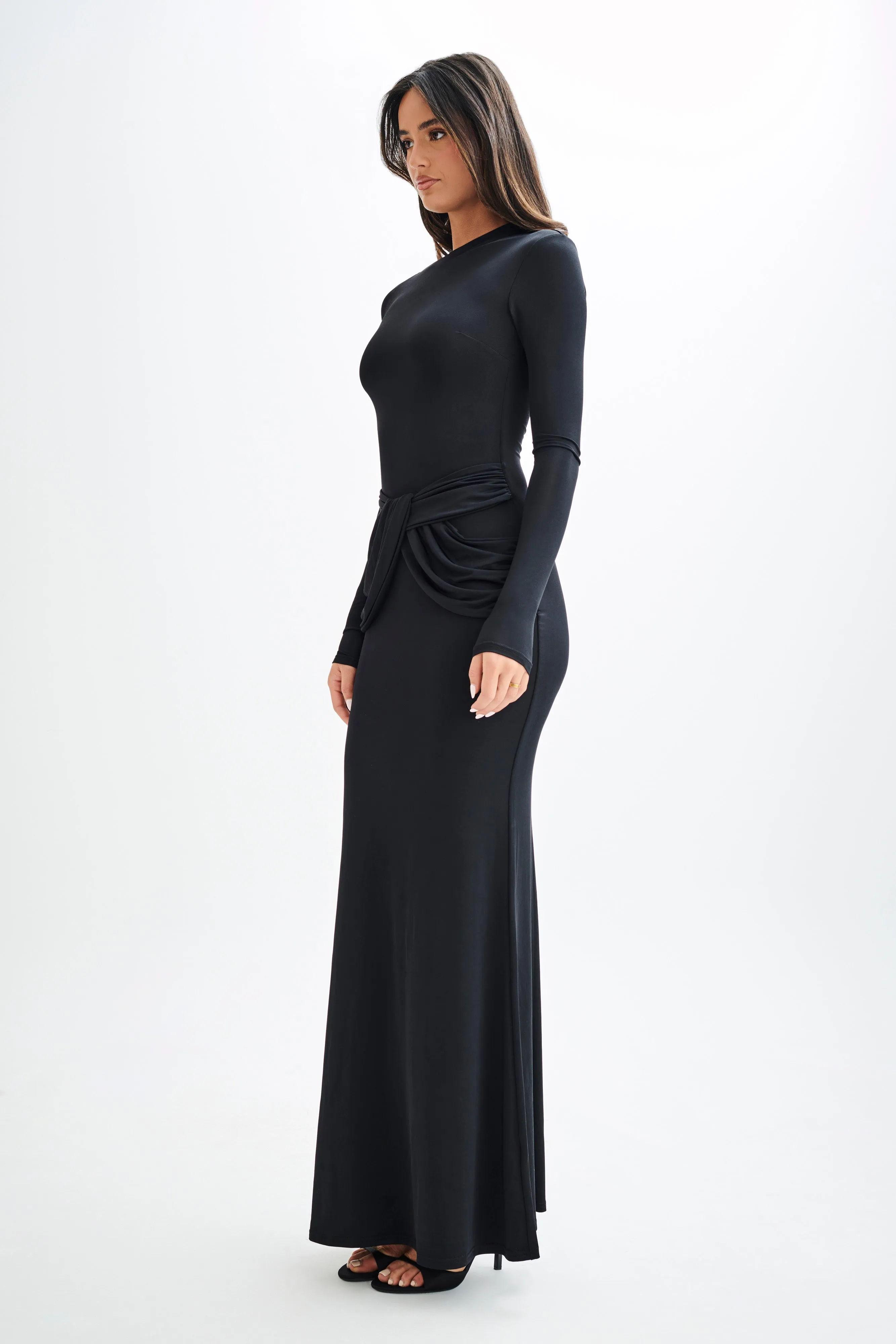 Halcyon Long Sleeve Slinky Maxi Dress - Black Feel Good Visual Balance