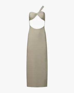Ruched Asymmetrical Knit Maxi Dress Dew Tone Mesh Soft