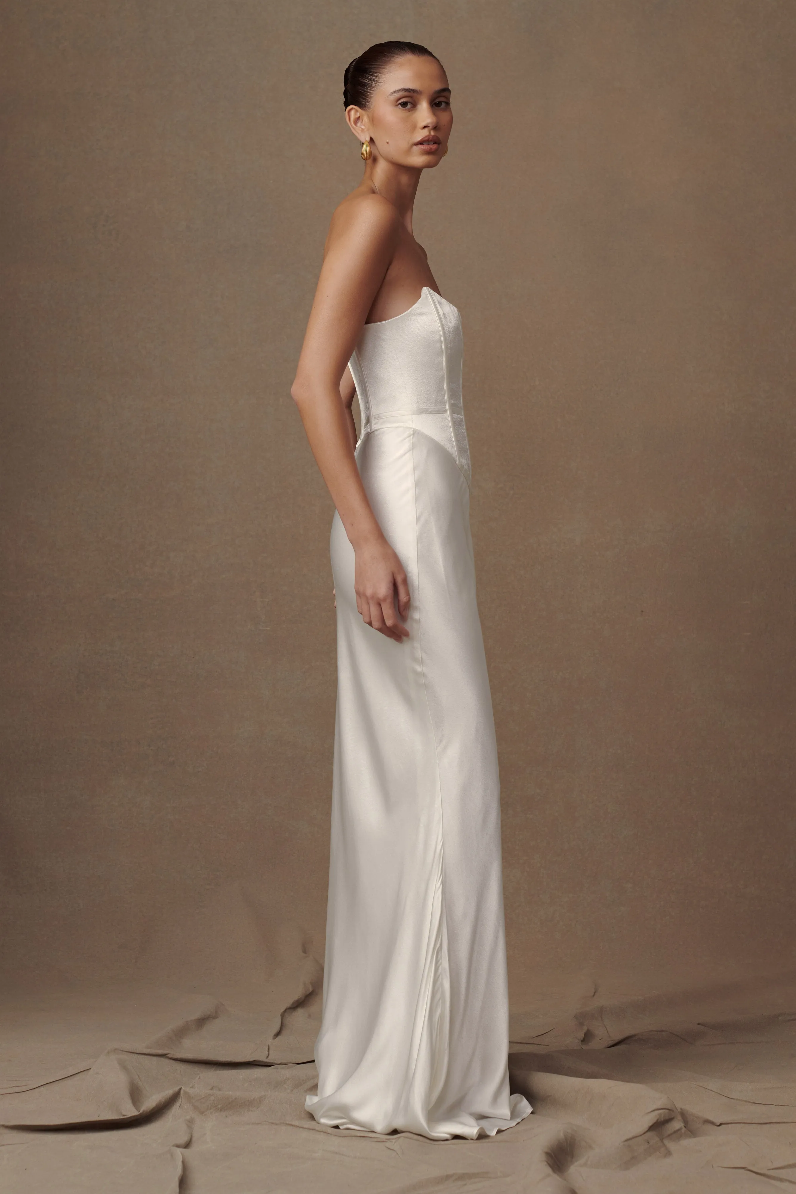 Cool Shape Nordic Plain Harlow Satin Strapless Maxi Dress - Ivory