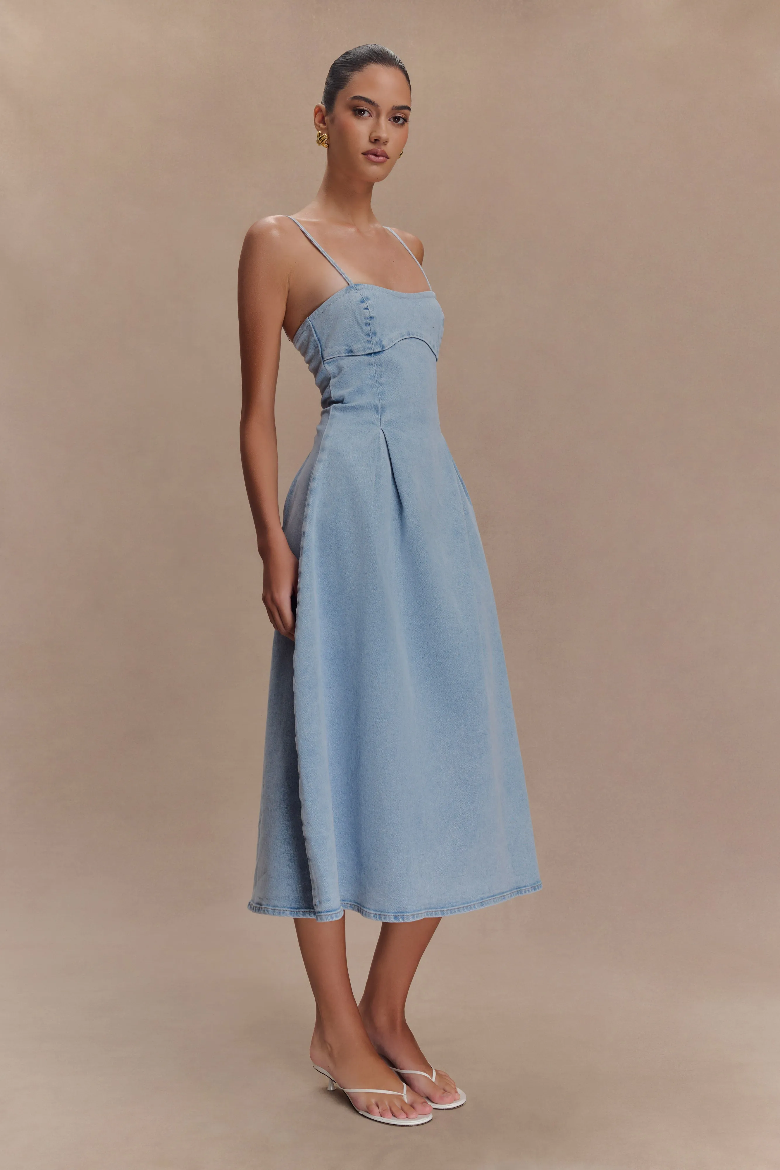 Zip Closure Harlyn Denim Midi Dress - Light Blue