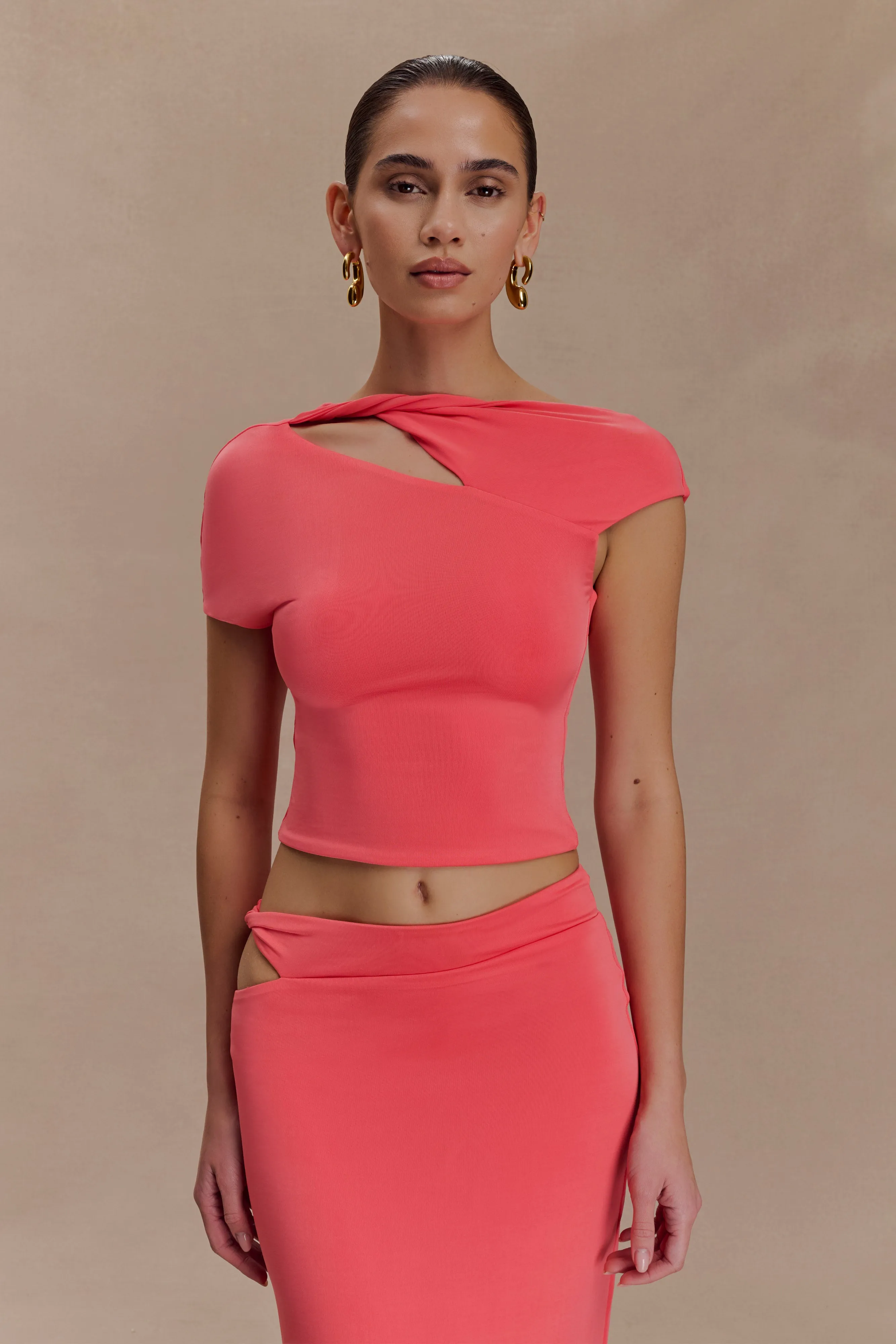 Haven Slinky Twist Top - Coral Stylish T-shirt DropShoulderConstruction