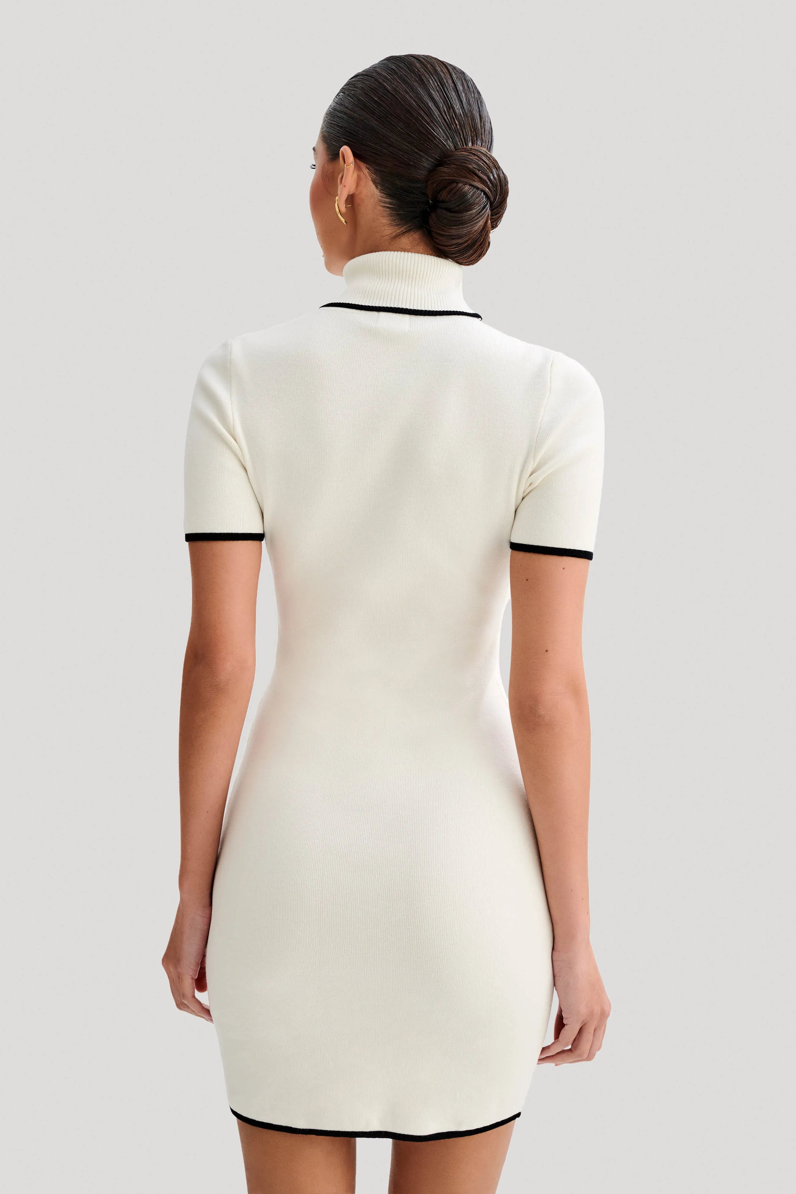 Invisible-Zip Crystal-Detail Hayley Turtleneck Contrast Knit Mini Dress - Ivory