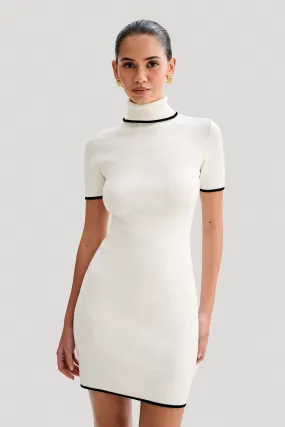 Open-back Night Appeal Hayley Turtleneck Contrast Knit Mini Dress - Ivory