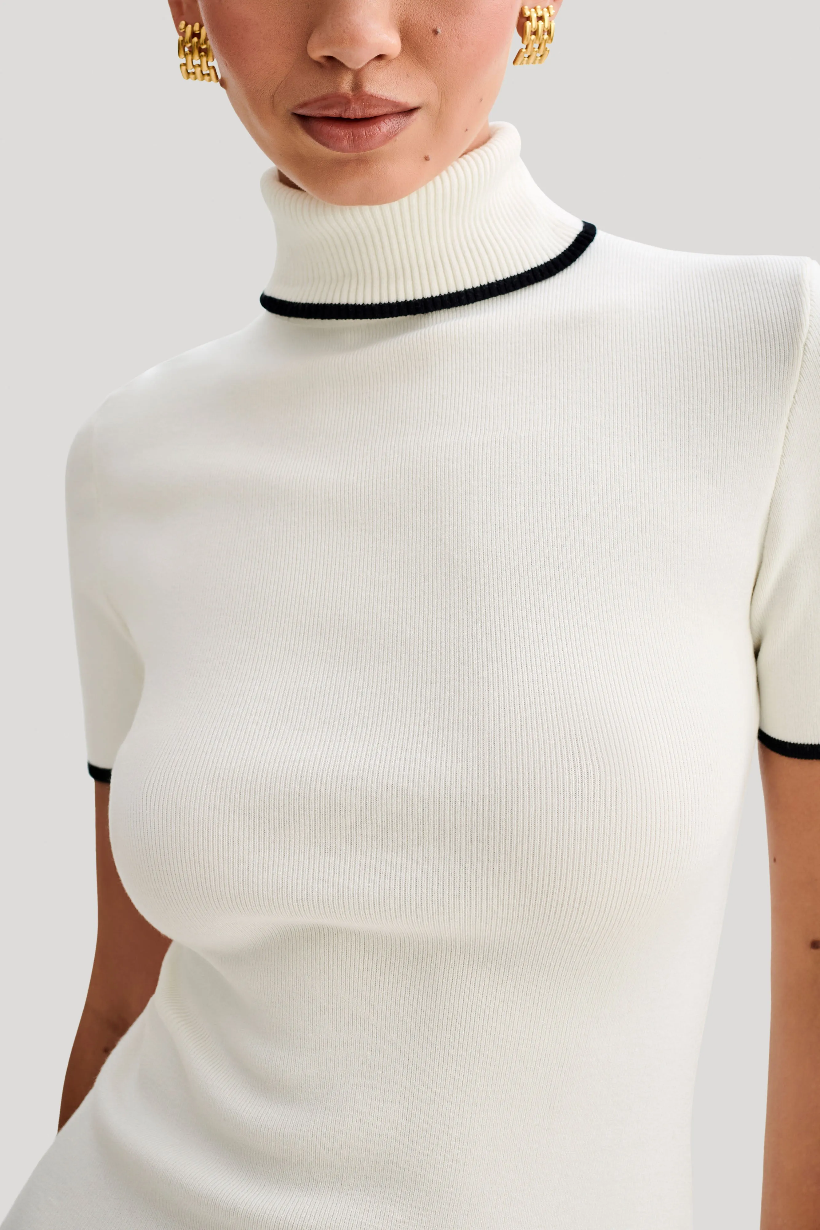 Neat Finish Hayley Turtleneck Contrast Knit Mini Dress - Ivory