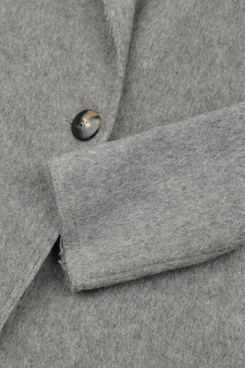 Single Button Grey Wool Coat High Collar Design
