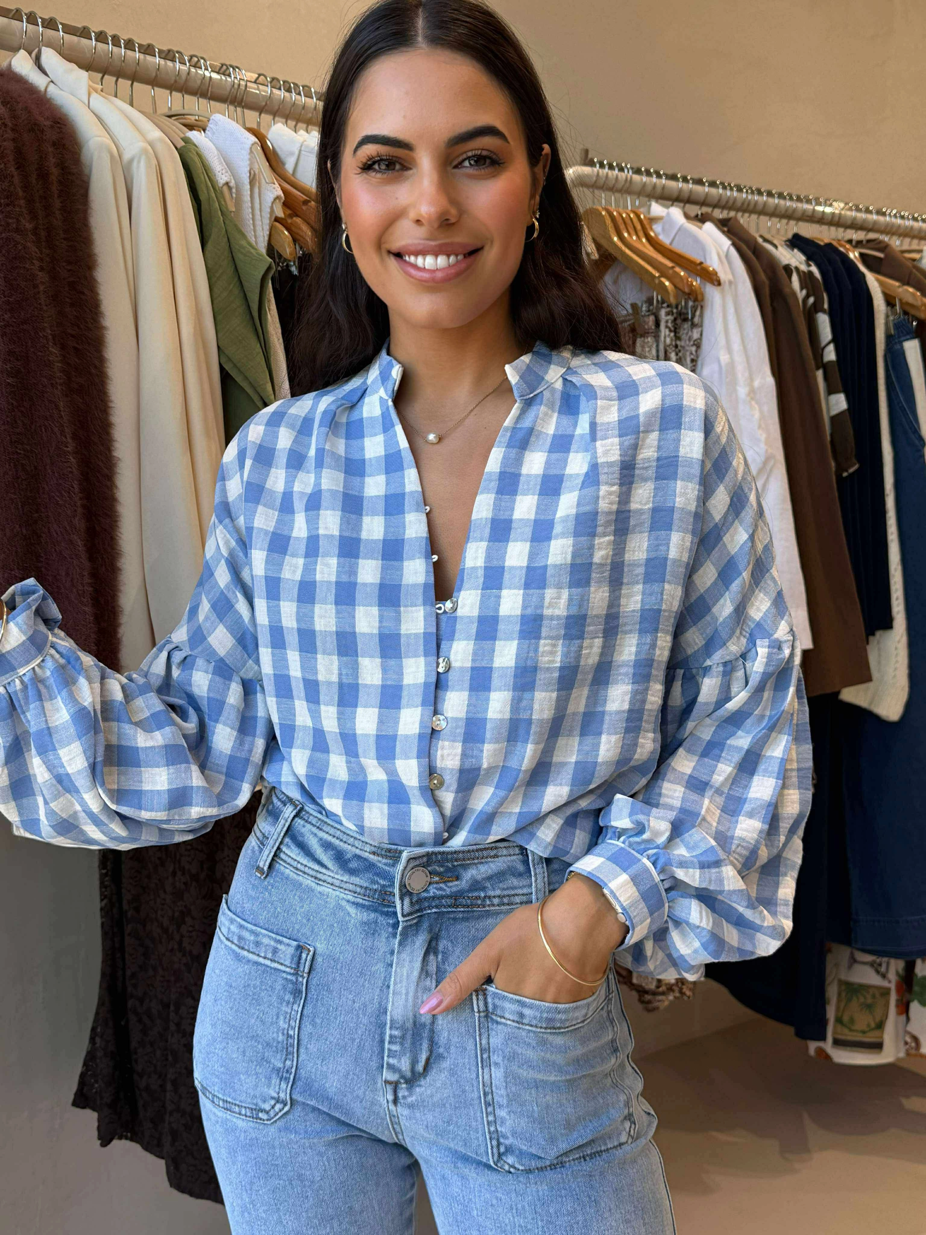DOLCE BLOUSE - BLUE CHECK SweatGuard Lining Cozy Cardigan