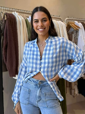 DOLCE BLOUSE - BLUE CHECK LowMaintenanceFabric Temperature Regulating Fibers