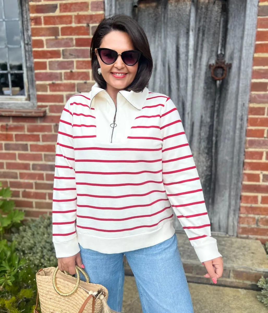 Ivory Striped Ex Seasalt Tideline Half Zip Sweatshirt Layered Look Thermal Insulation