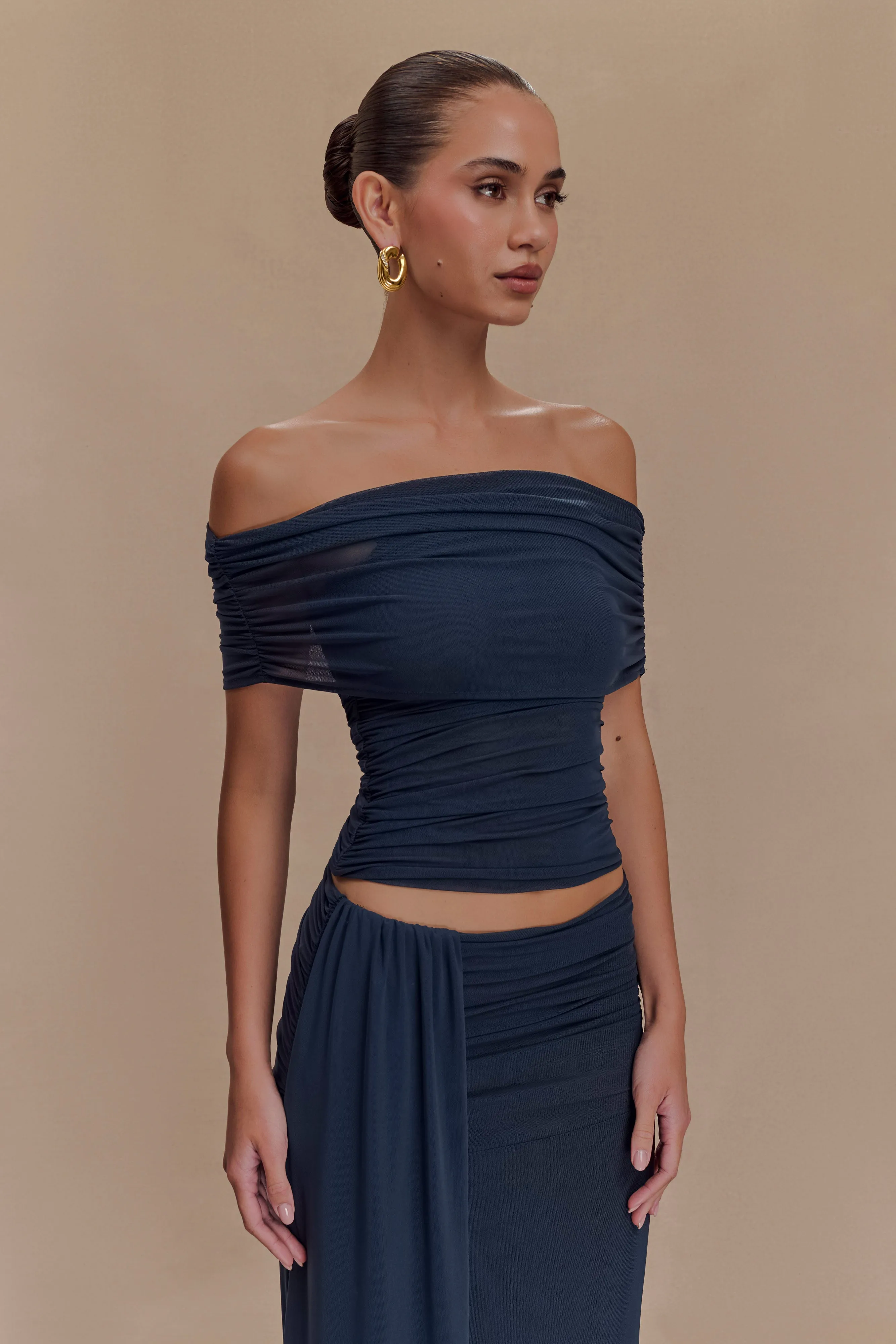 Arna Off Shoulder Mesh Crop Top - Midnight Blue Fitted Design