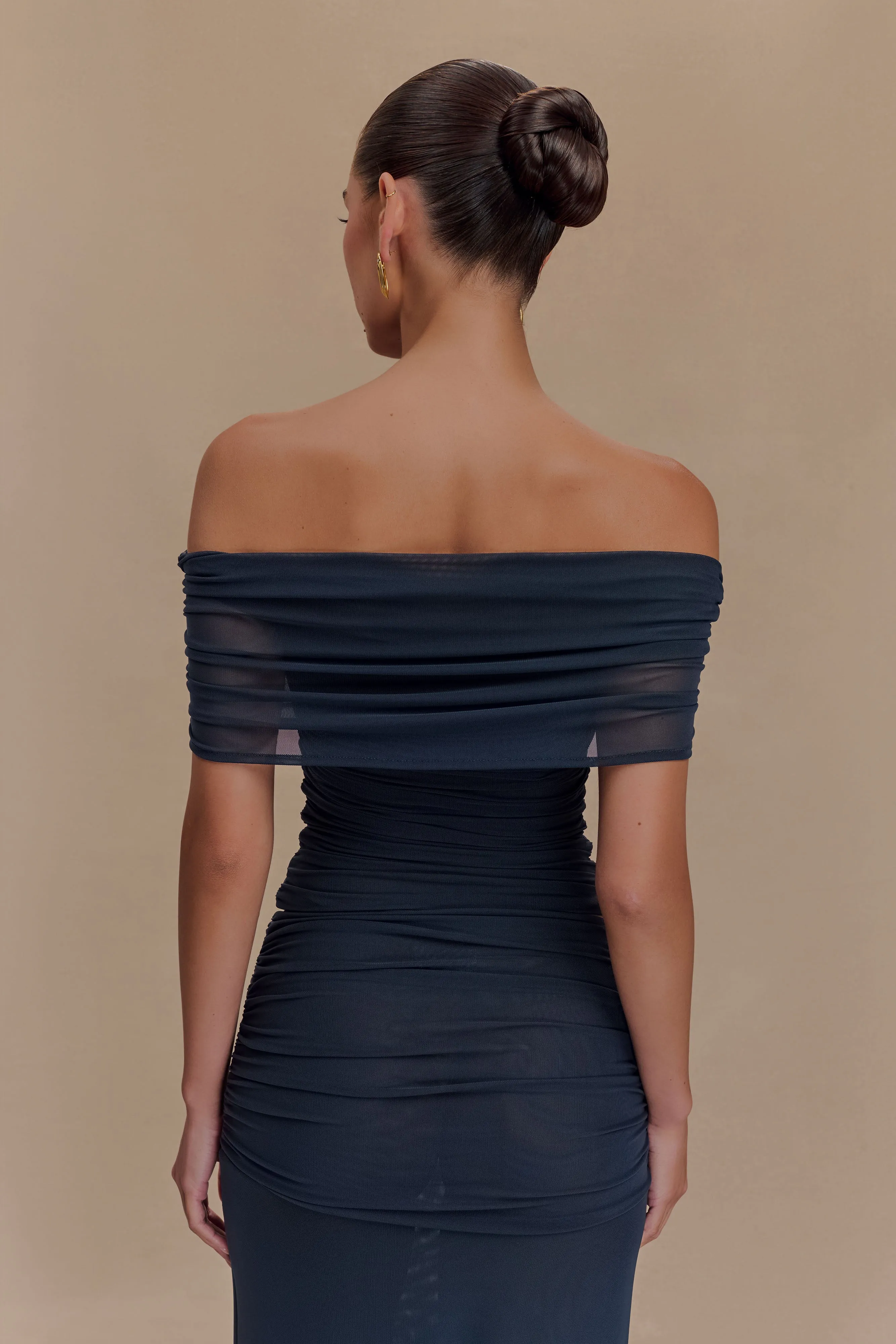 Arna Off Shoulder Mesh Crop Top - Midnight Blue MoistureWicking