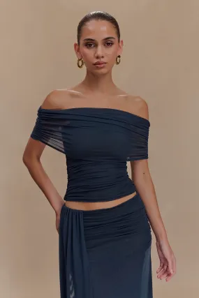 Arna Off Shoulder Mesh Crop Top - Midnight Blue Neutral Tone Palette ZipClosure