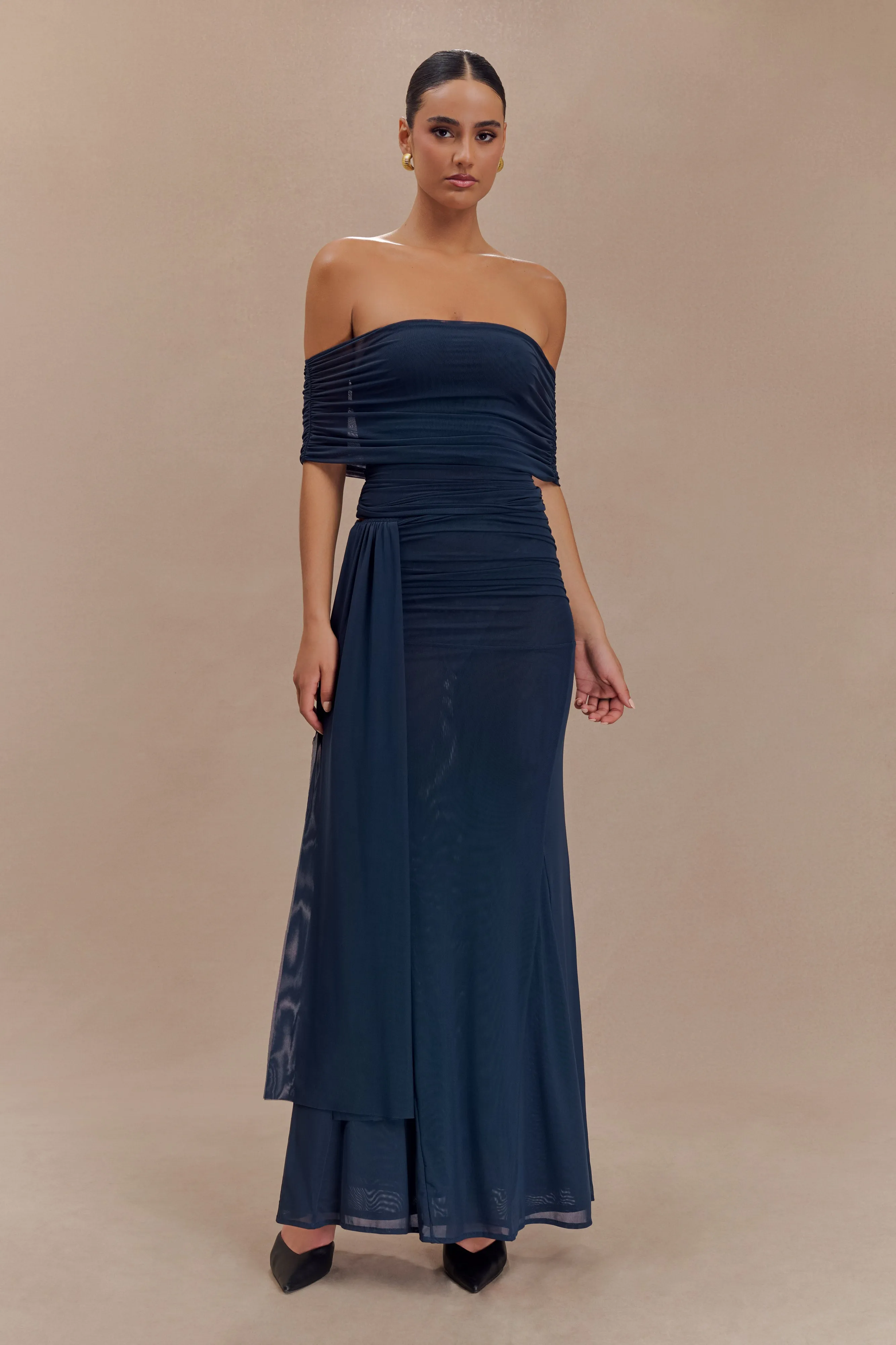 hypoallergenic material Arna Off Shoulder Mesh Crop Top - Midnight Blue