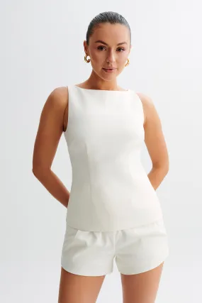 Angela Sleeveless Suiting Top - Ivory Tactile Soft Texture Ribbed Trims
