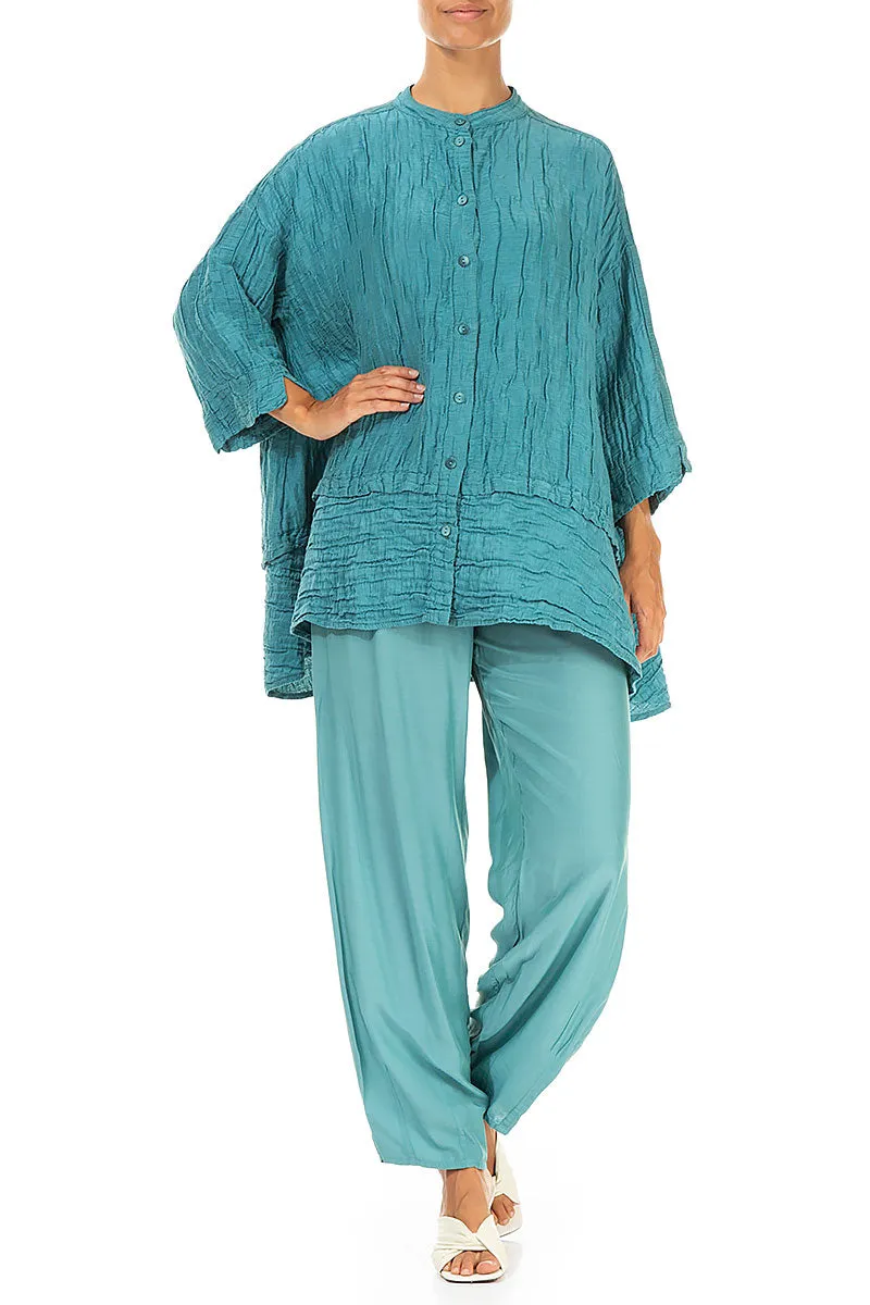 Oversized style Flared Crinkled Turquoise Silk Shirt