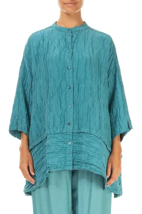 Flared Crinkled Turquoise Silk Shirt Petite Option