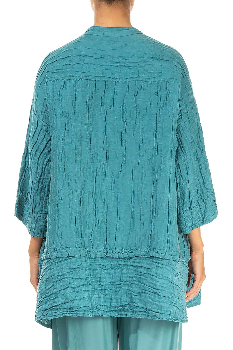 Soft Stretch Collar Flared Crinkled Turquoise Silk Shirt