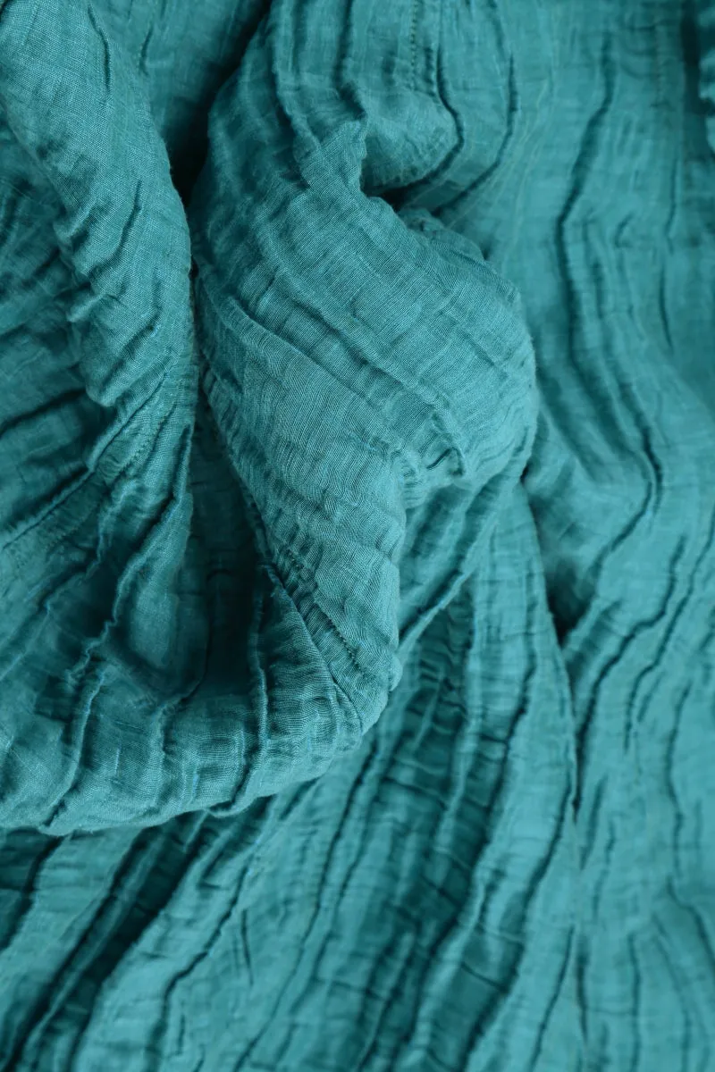 Recycled Polyester Blend Flared Crinkled Turquoise Silk Shirt