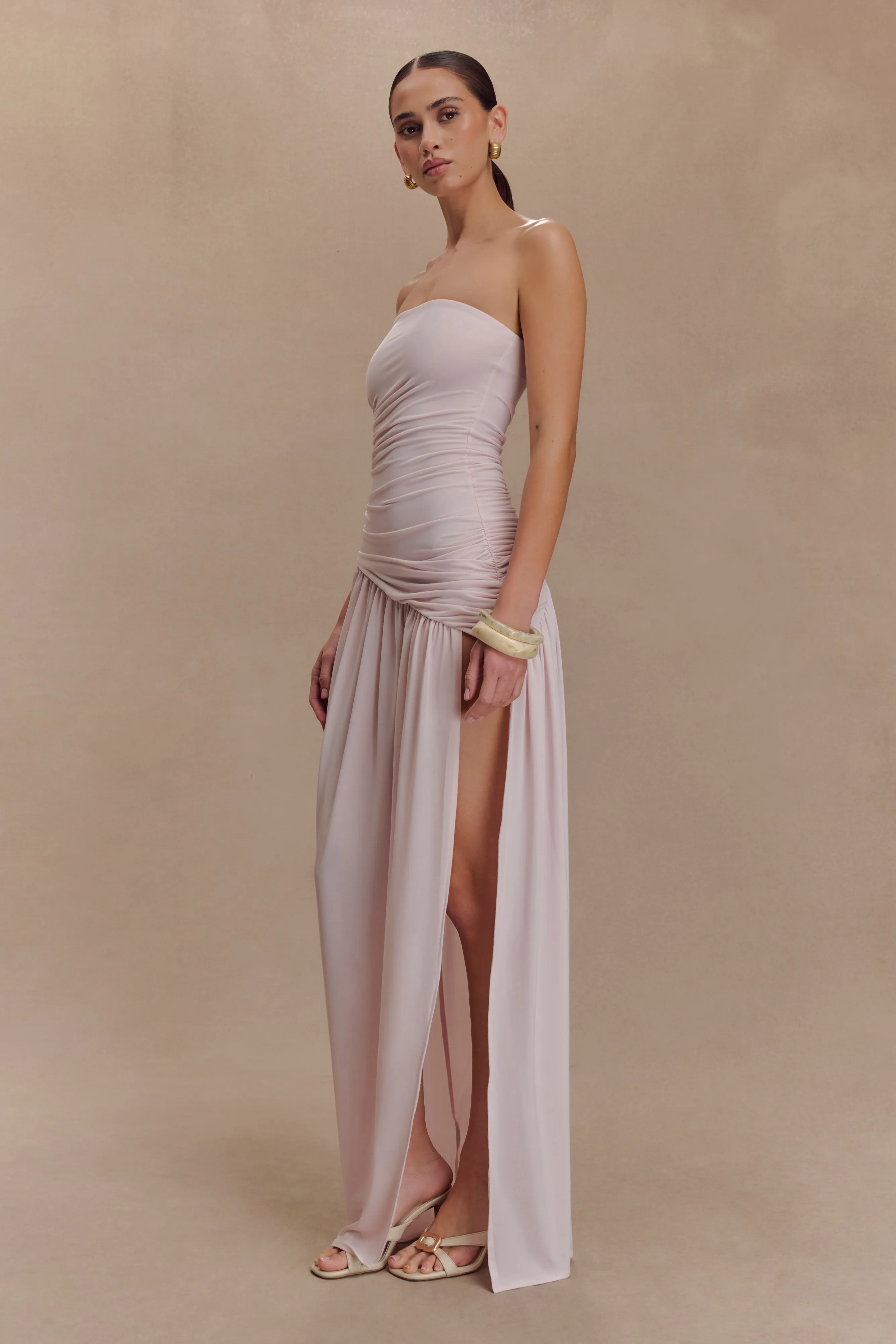 Bex Strapless Slinky Maxi Dress With Split - Pale Pink Travel-Pack
