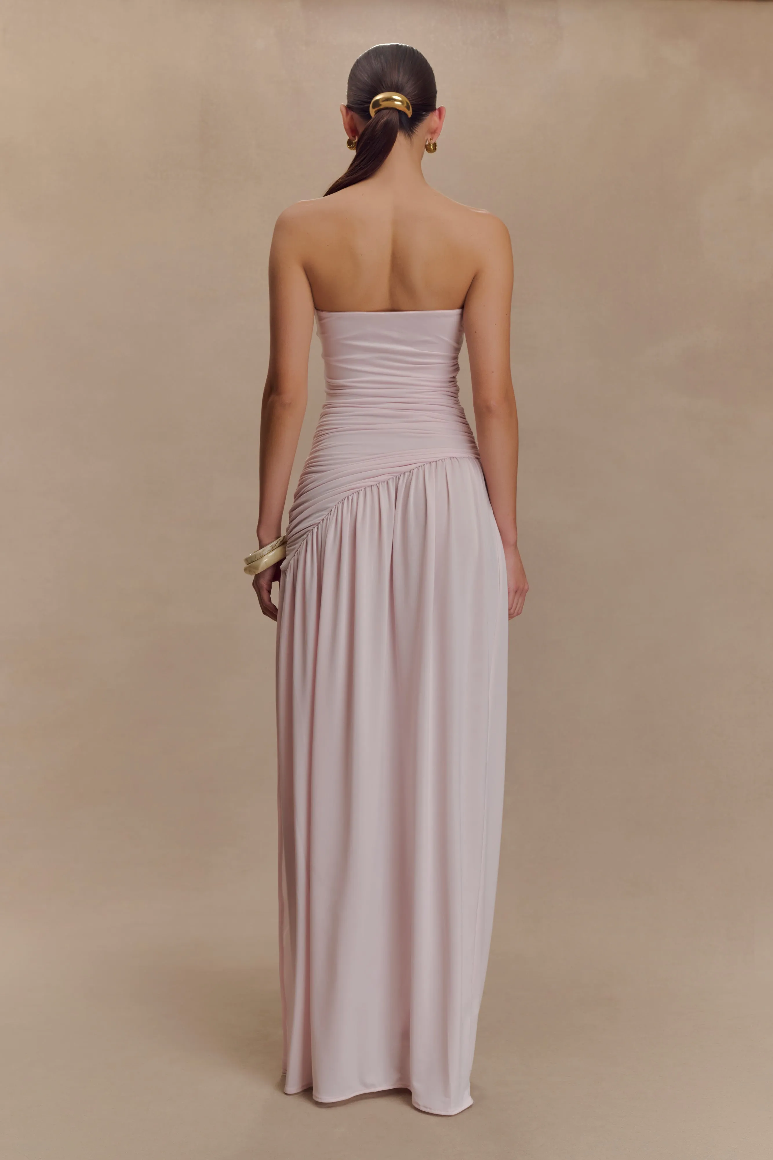 Bex Strapless Slinky Maxi Dress With Split - Pale Pink Elegant Wearable Draped Fabric