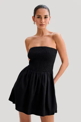 Night Out Holland Linen Shirring Mini Dress - Black