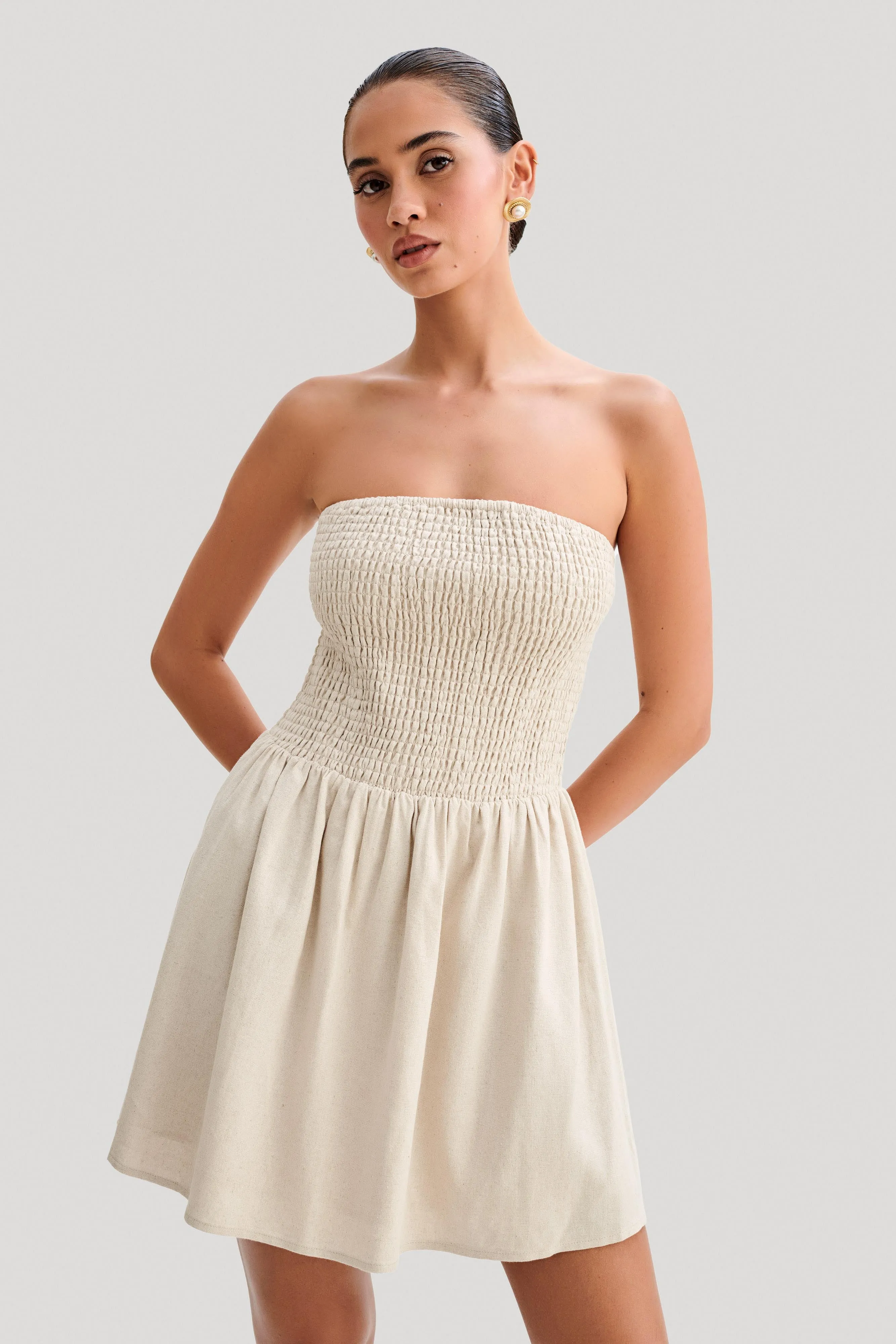 Holland Linen Shirring Mini Dress - Natural Trendy pick