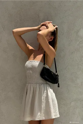 Slim Shape Holland Linen Shirring Mini Dress - Natural