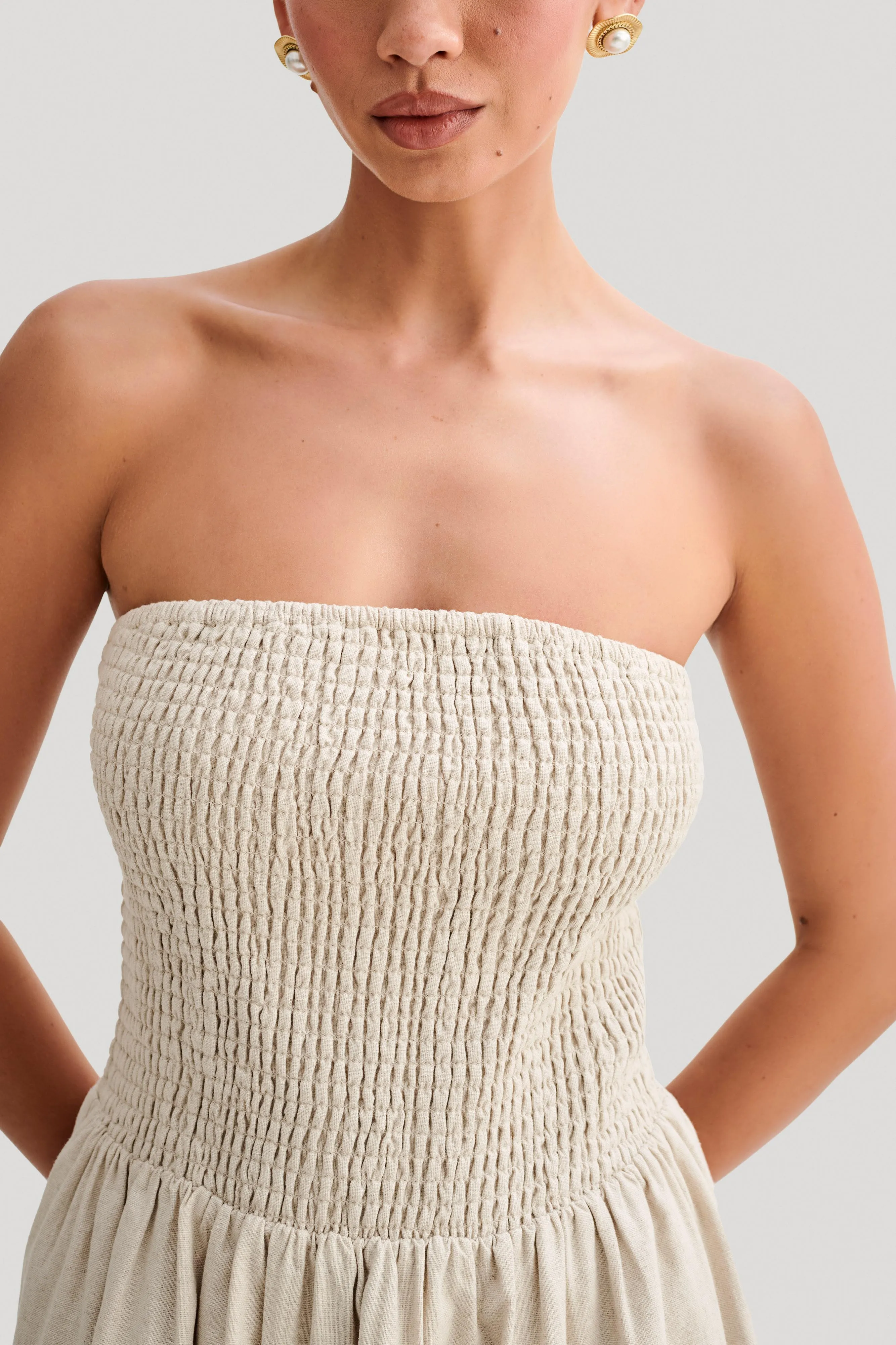 Holland Linen Shirring Mini Dress - Natural Classic Flow Figure-Skimming