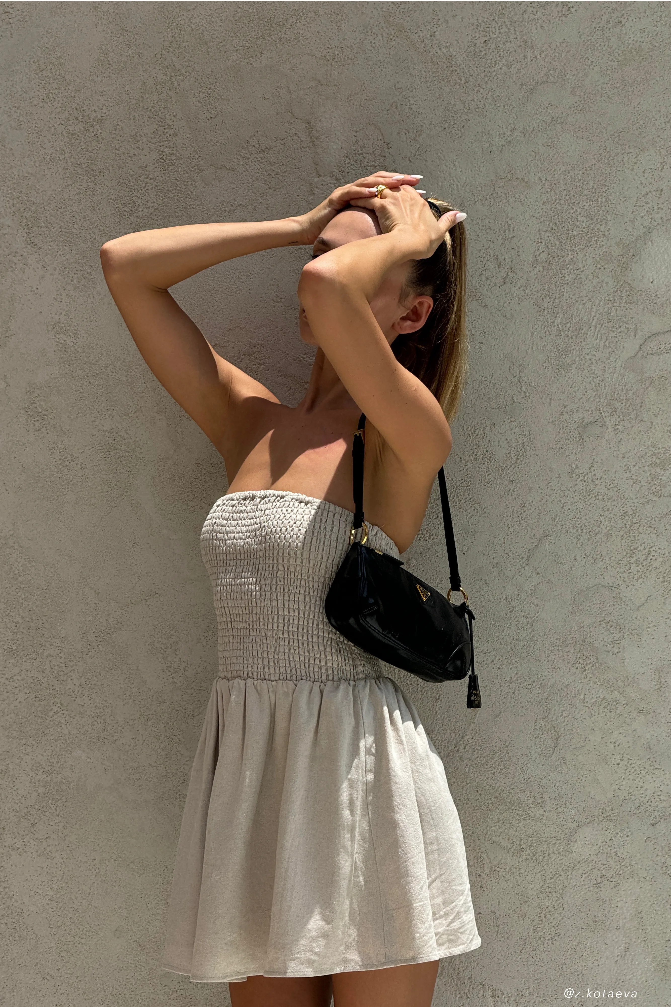 Slim Shape Holland Linen Shirring Mini Dress - Natural