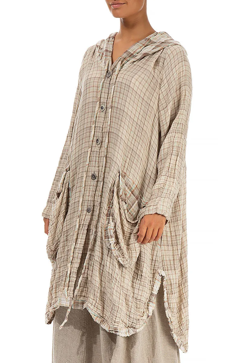 Hooded Oversized Beige Checkered Cotton Jacket AbrasionResistantEdging
