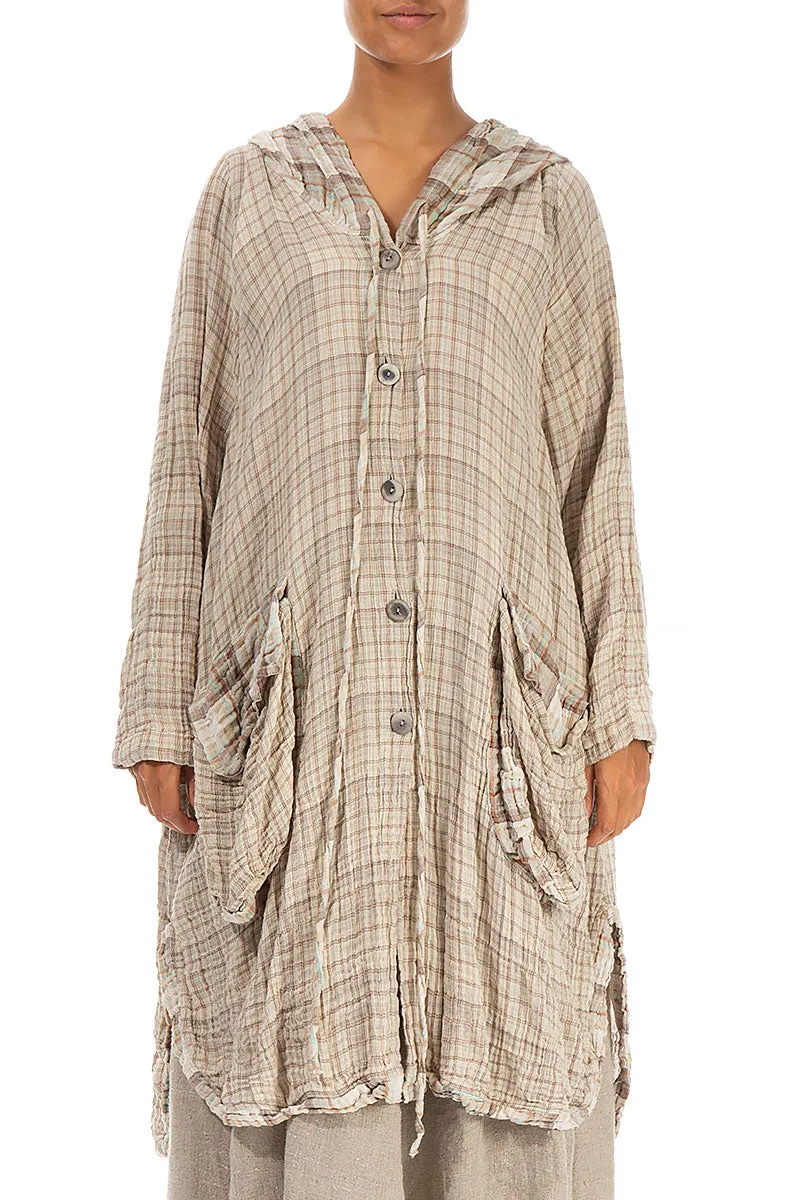 Smart Design Hooded Oversized Beige Checkered Cotton Jacket