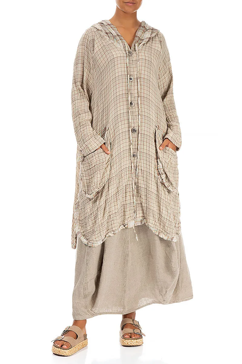 Hooded Oversized Beige Checkered Cotton Jacket Down Filled WaterResistantCoating