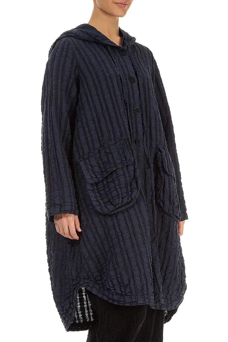 Non Restrictive Movement Hooded Oversized Slate Blue Checkered Linen Cotton Jacket