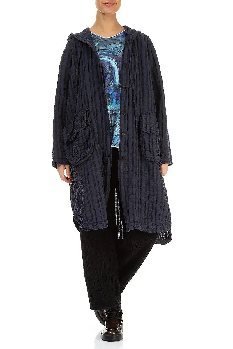 Adjustable Hood Hooded Oversized Slate Blue Checkered Linen Cotton Jacket