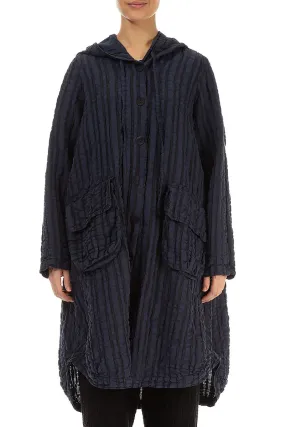 Hooded Oversized Slate Blue Checkered Linen Cotton Jacket Non Restrictive Cut Flexible Shoulder Gussets