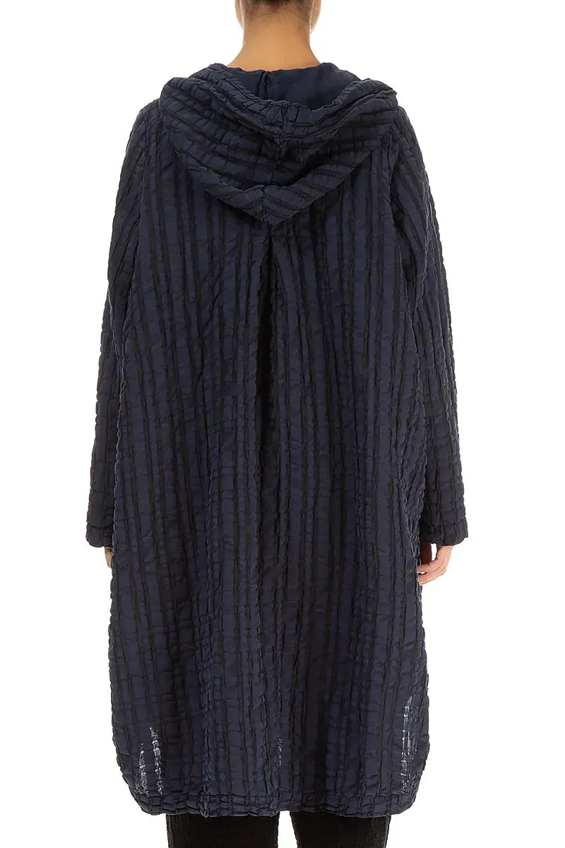 Fall Outfit Hooded Oversized Slate Blue Checkered Linen Cotton Jacket