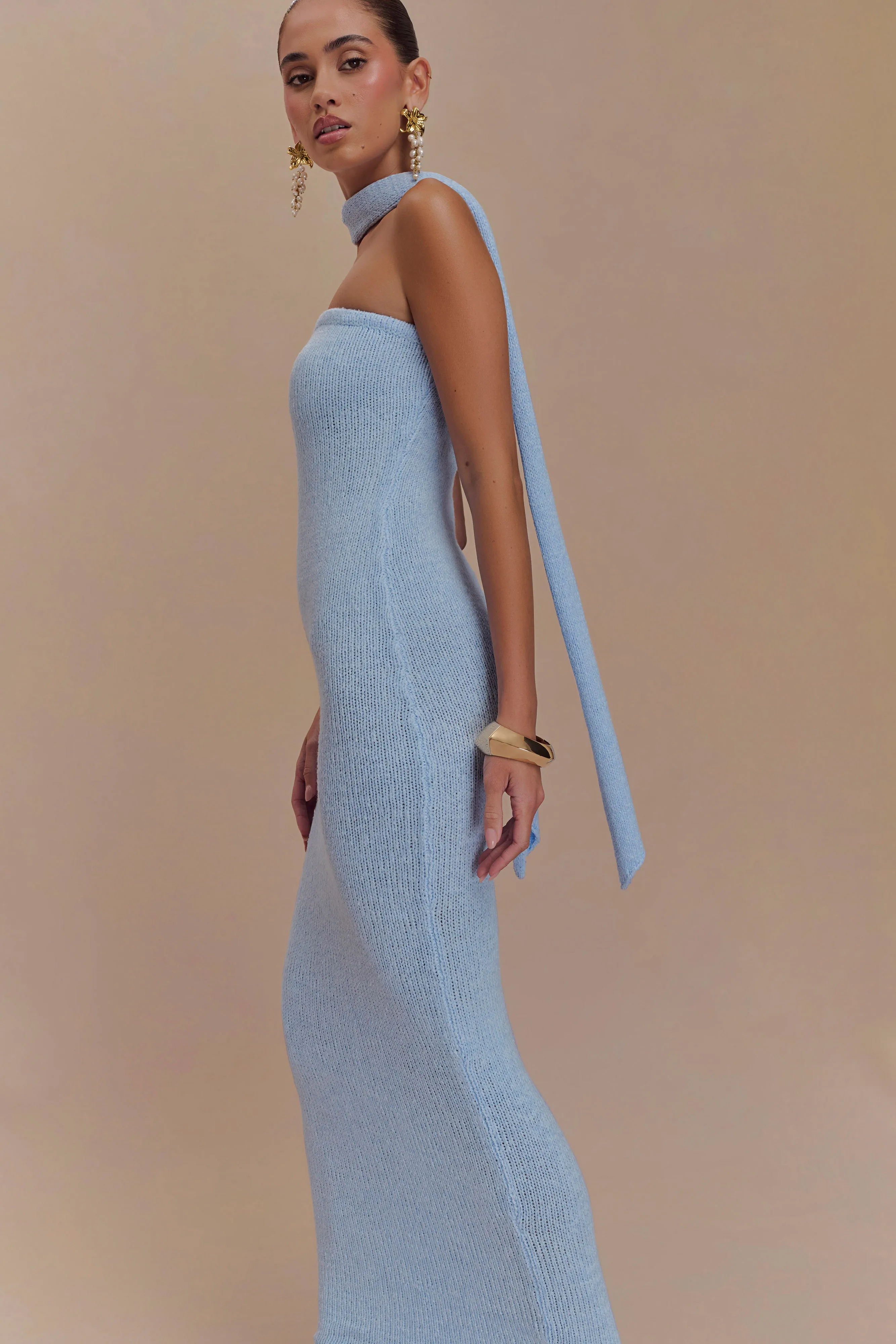 Lightweight Fabric Andrea Strapless Knit Maxi Dress - Light Blue