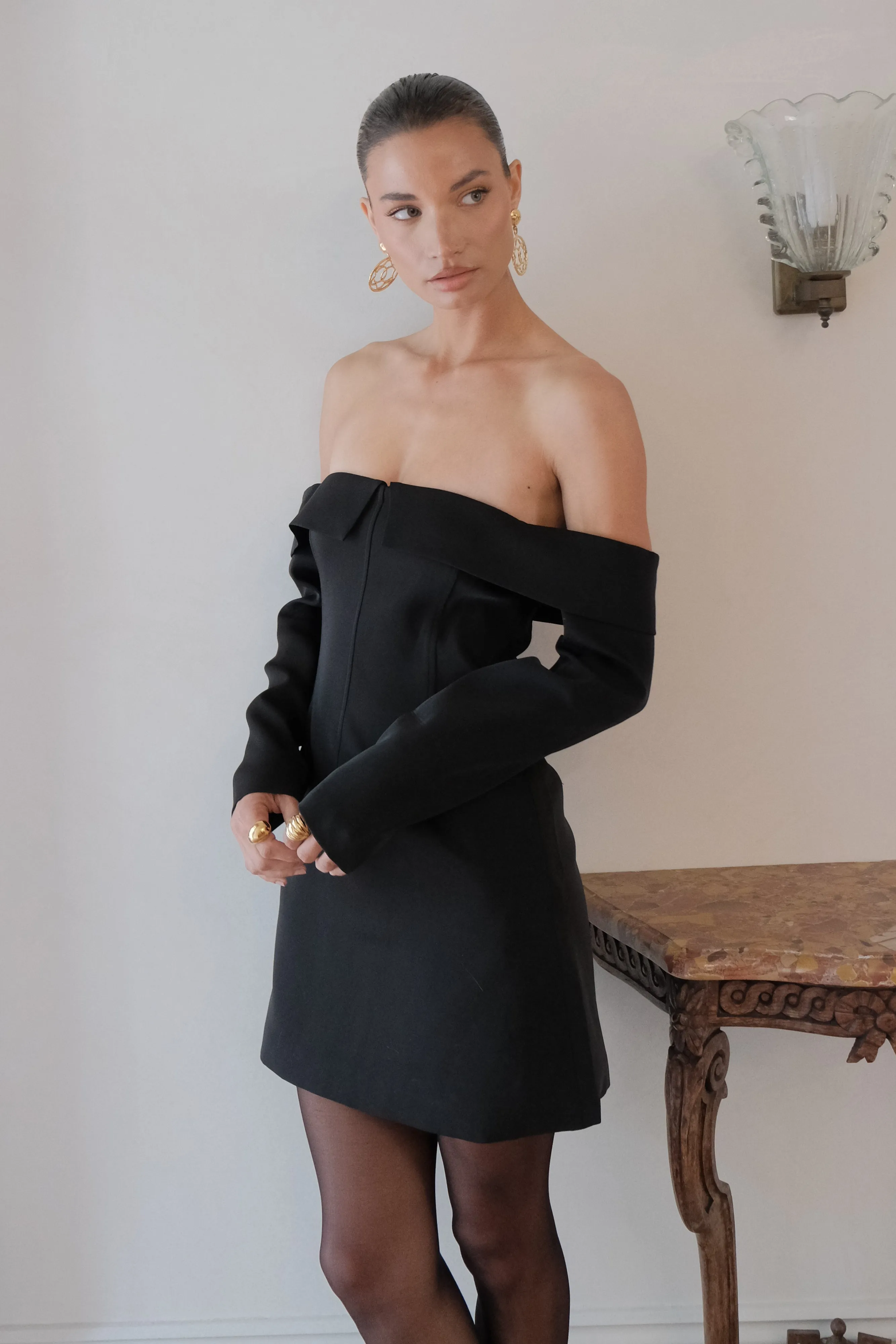 Hugo Suiting Off Shoulder Mini Dress - Black Chic Comfort Wear Collared